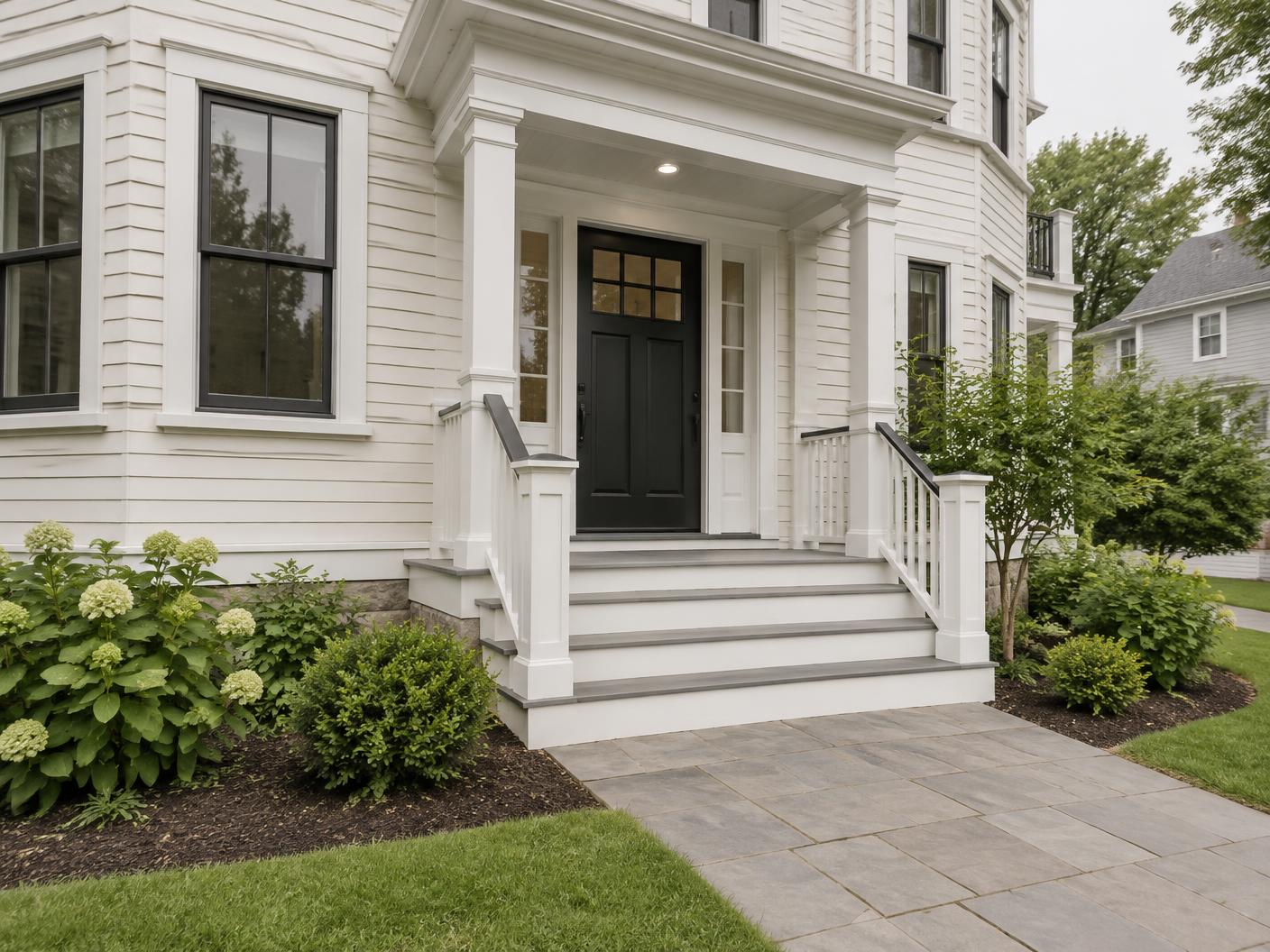 Clean Massachusetts residential entrance with tidy landscaping